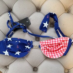 NWT Wildfox Blue and Red Star Gingham Bikini Top